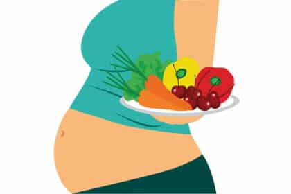 Illustration eines schwangeren Bauchs, der einen Teller mit Obst und Gemüse als Symbol für gesunde Ernährung hält.