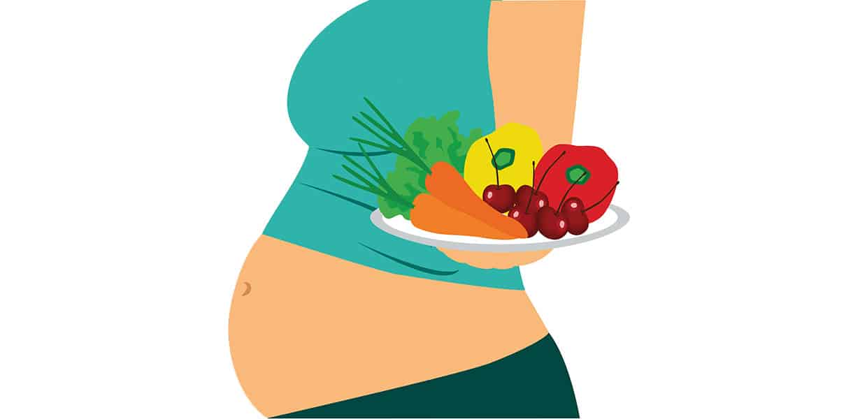 Illustration eines schwangeren Bauchs, der einen Teller mit Obst und Gemüse als Symbol für gesunde Ernährung hält.