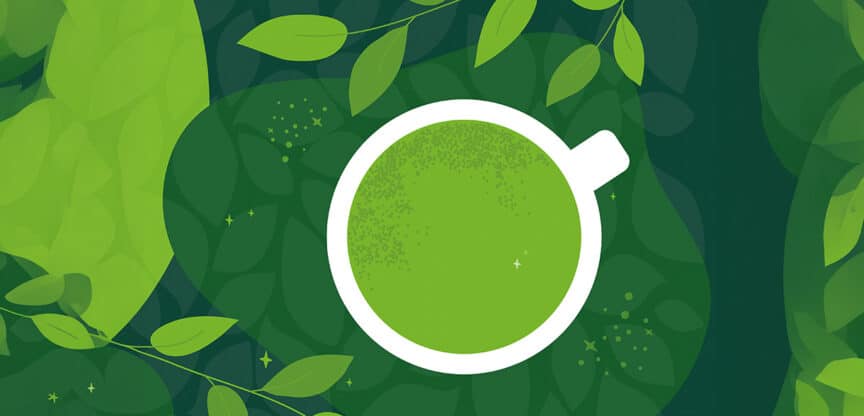 Tasse mit grünem Tee, umgeben von stilisierten grünen Blättern auf dunklem Hintergrund.