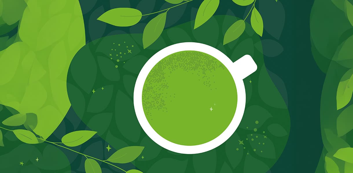 Tasse mit grünem Tee, umgeben von stilisierten grünen Blättern auf dunklem Hintergrund.