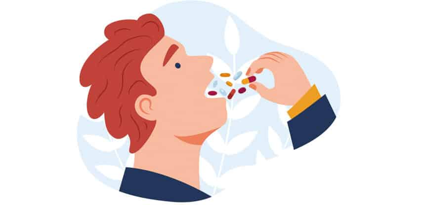 Illustration eines Mannes, der mehrere Tabletten und Kapseln einnimmt.