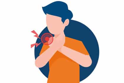 Illustration eines Jungen mit Halsschmerzen, der sich an den Hals fasst; rote Markierung zeigt Schmerzbereich.