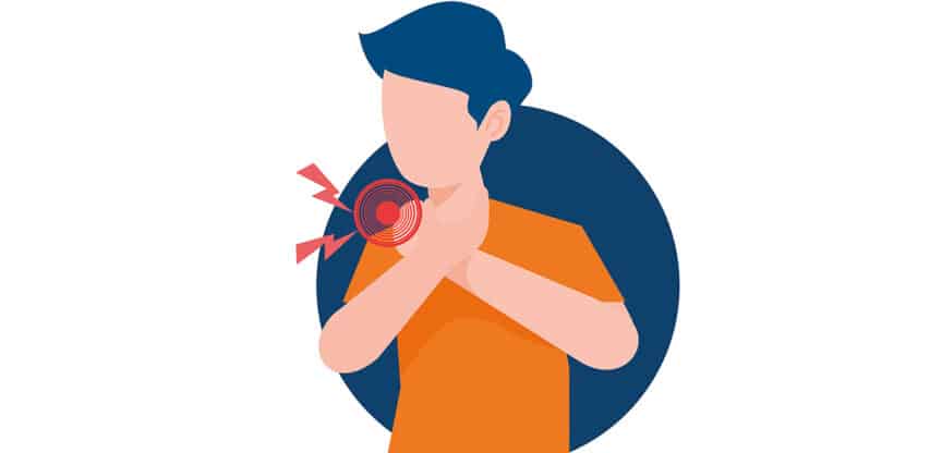 Illustration eines Jungen mit Halsschmerzen, der sich an den Hals fasst; rote Markierung zeigt Schmerzbereich.