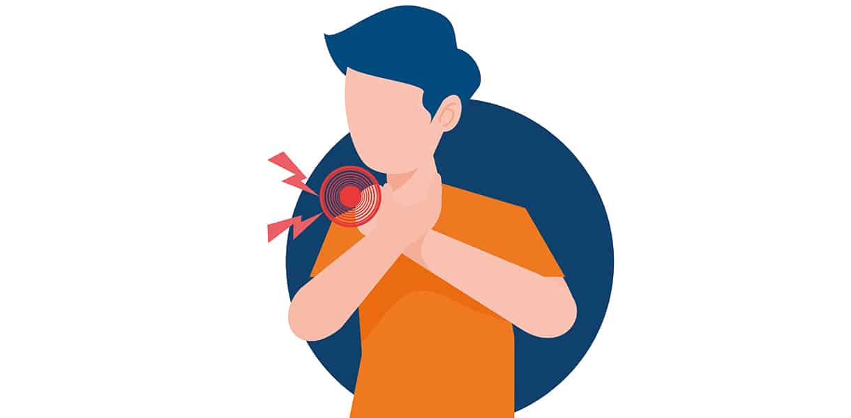 Illustration eines Jungen mit Halsschmerzen, der sich an den Hals fasst; rote Markierung zeigt Schmerzbereich.