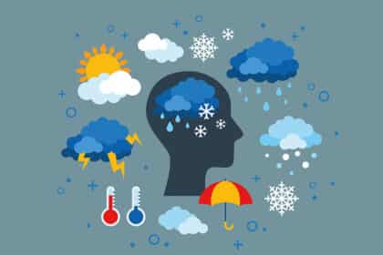 Illustration eines Kopfes umgeben von Wetter-Symbolen wie Sonne, Regen, Schnee und Gewitter, Sinnbild für Stimmungsschwankungen.
