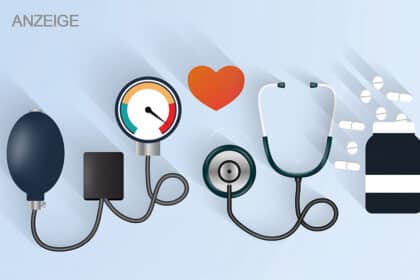 Grafik mit Blutdruckmessgerät, Stethoskop, Herzsymbol und Medikamenten