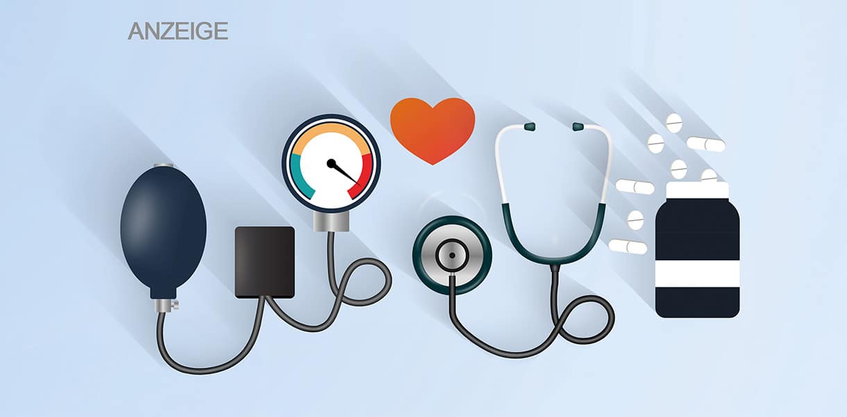 Grafik mit Blutdruckmessgerät, Stethoskop, Herzsymbol und Medikamenten