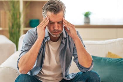 Mann mittleren Alters sitzt auf einem Sofa und hält sich mit beiden Händen die Schläfen.
