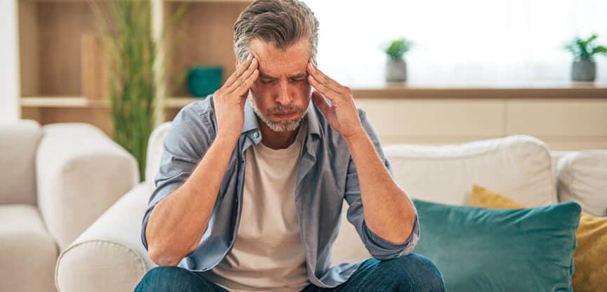 Mann mittleren Alters sitzt auf einem Sofa und hält sich mit beiden Händen die Schläfen.