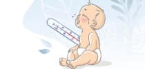 Illustration eines weinenden Babys mit Fieber; daneben ist ein Thermometer mit erhöhter Temperatur zu sehen.