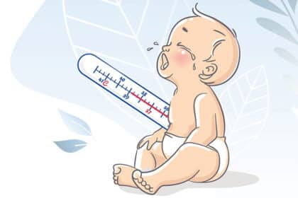 Illustration eines weinenden Babys mit Fieber; daneben ist ein Thermometer mit erhöhter Temperatur zu sehen.