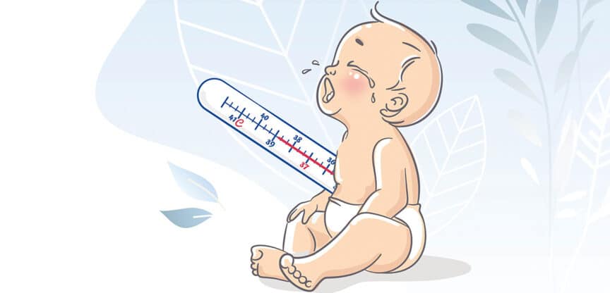 Illustration eines weinenden Babys mit Fieber; daneben ist ein Thermometer mit erhöhter Temperatur zu sehen.