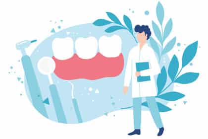 Illustration eines Zahnarztes mit Zahn und Zahnfleisch, daneben zahnärztliche Instrumente.