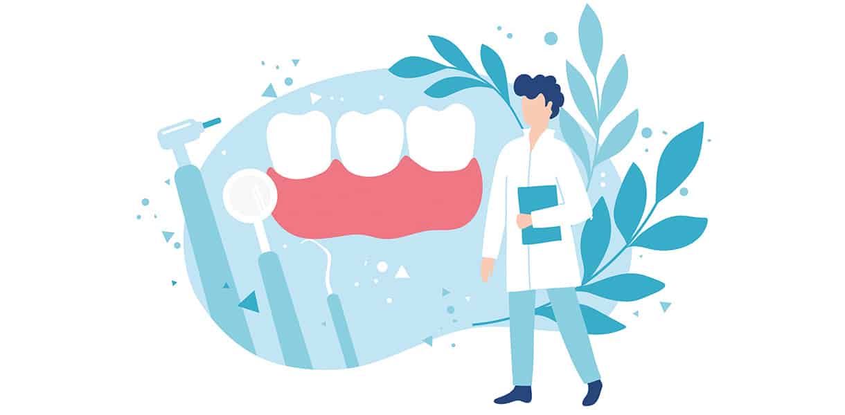 Illustration eines Zahnarztes mit Zahn und Zahnfleisch, daneben zahnärztliche Instrumente.