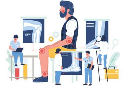 Illustration eines Mannes mit hervorgehobenen Gelenken; Ärzte untersuchen Röntgenbilder von Knochen und Gelenken.