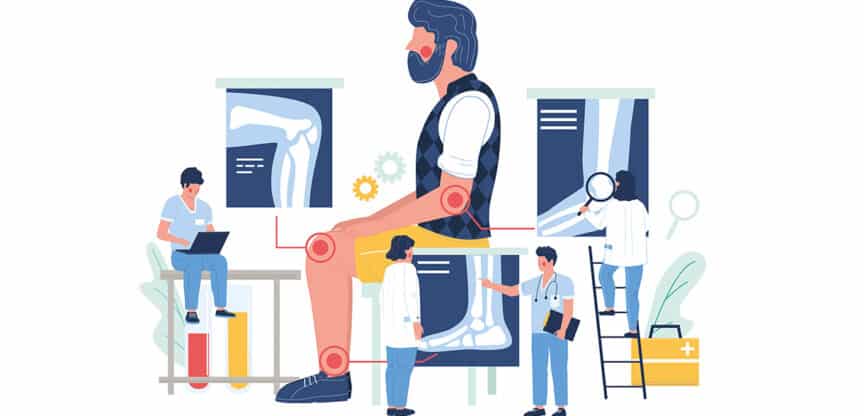 Illustration eines Mannes mit hervorgehobenen Gelenken; Ärzte untersuchen Röntgenbilder von Knochen und Gelenken.