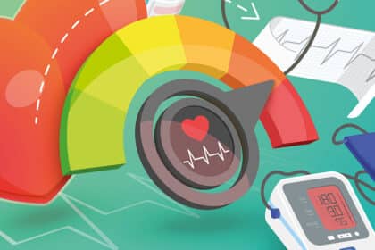 Illustration eines Herzens mit farbiger Skala zur Anzeige von Herzgesundheit sowie Blutdruckmessgerät und EKG-Symbolen.