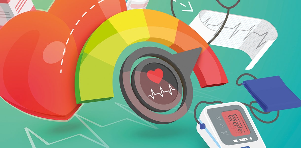Illustration eines Herzens mit farbiger Skala zur Anzeige von Herzgesundheit sowie Blutdruckmessgerät und EKG-Symbolen.