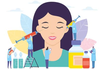 Illustration einer Frau, deren Gesicht von medizinischem Personal mit Spritzen behandelt wird; daneben stehen Medikamentenfläschchen.