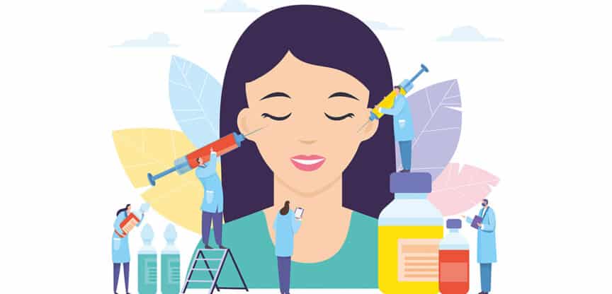 Illustration einer Frau, deren Gesicht von medizinischem Personal mit Spritzen behandelt wird; daneben stehen Medikamentenfläschchen.