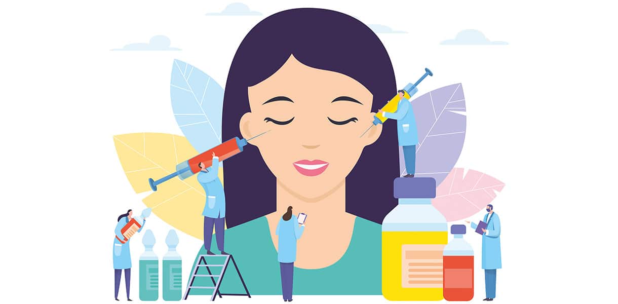 Illustration einer Frau, deren Gesicht von medizinischem Personal mit Spritzen behandelt wird; daneben stehen Medikamentenfläschchen.