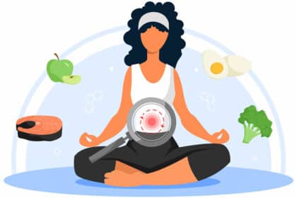 Konzept des Stoffwechsels. Mädchen sitzt im Lotusstuhl, Meditation und aktivem Lebensstil. Balance, Proteine, Fette und Kohlenhydrate.