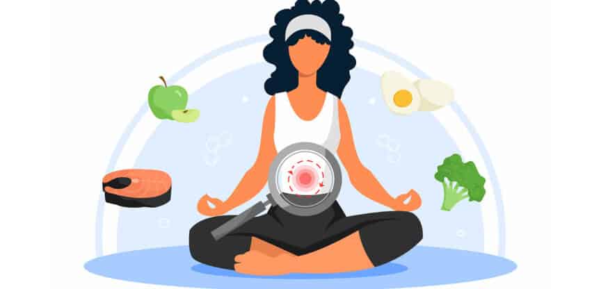 Konzept des Stoffwechsels. Mädchen sitzt im Lotusstuhl, Meditation und aktivem Lebensstil. Balance, Proteine, Fette und Kohlenhydrate.