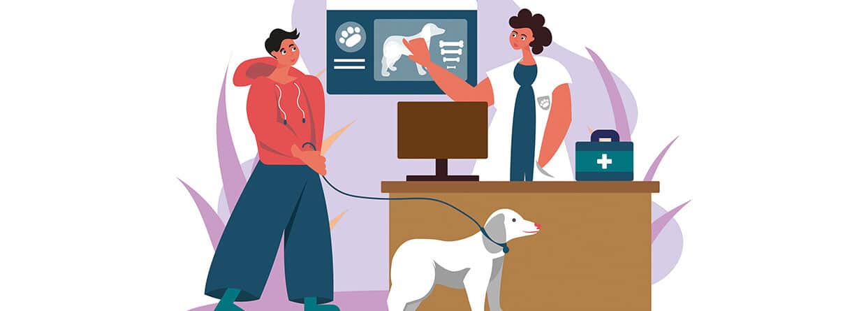 Illustration eines Tierarztbesuchs mit Hund, Besitzer und medizinischer Untersuchung am Bildschirm