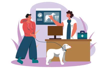 Illustration eines Tierarztbesuchs mit Hund, Besitzer und medizinischer Untersuchung am Bildschirm