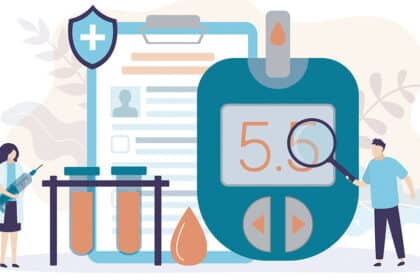 Illustration zur Blutzuckerkontrolle mit Glukosemessgerät, Laborröhrchen, Spritze und medizinischer Dokumentation.
