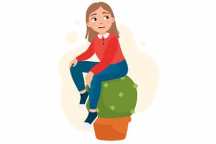 Illustration eines Kindes mit besorgtem Gesichtsausdruck, das mit angewinkelten Beinen auf einem Hocker sitzt.