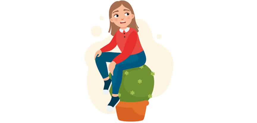 Illustration eines Kindes mit besorgtem Gesichtsausdruck, das mit angewinkelten Beinen auf einem Hocker sitzt.