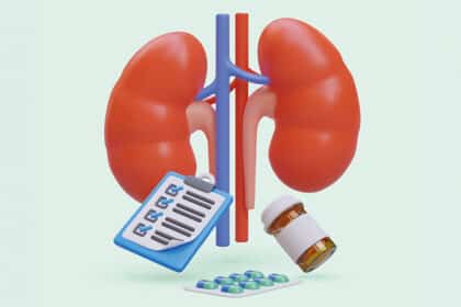 3D-Darstellung von Nieren mit Checkliste, Medikamentenflasche und Tabletten.