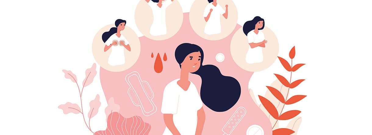 Illustration einer Frau mit Menstruationsbeschwerden, umgeben von typischen Symptomen wie Schmerzen, Stimmungsschwankungen und Hygieneartikeln.