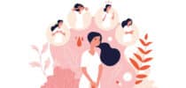 Illustration einer Frau mit Menstruationsbeschwerden, umgeben von typischen Symptomen wie Schmerzen, Stimmungsschwankungen und Hygieneartikeln.