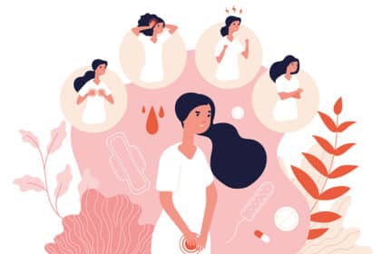 Illustration einer Frau mit Menstruationsbeschwerden, umgeben von typischen Symptomen wie Schmerzen, Stimmungsschwankungen und Hygieneartikeln.