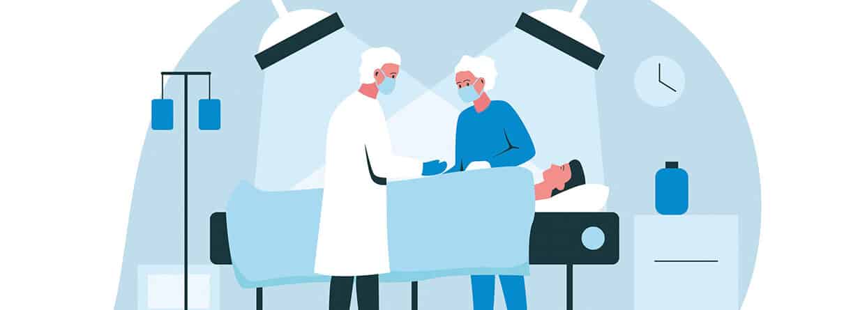 Illustration einer medizinischen Behandlung im OP- oder Klinikraum mit zwei Fachkräften am Patientenbett.