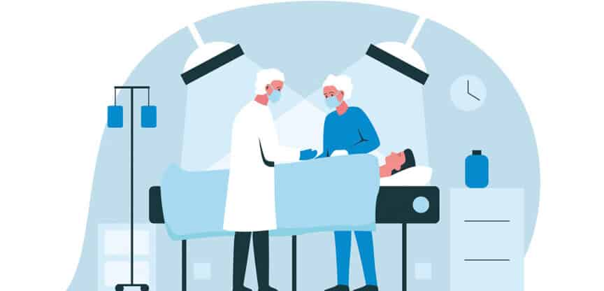 Illustration einer medizinischen Behandlung im OP- oder Klinikraum mit zwei Fachkräften am Patientenbett.