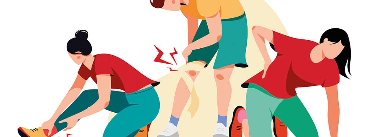 Illustration von drei Personen mit typischen Sportverletzungen an Fuß, Knie und Rücken.