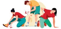 Illustration von drei Personen mit typischen Sportverletzungen an Fuß, Knie und Rücken.