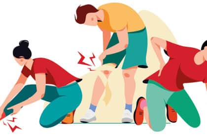 Illustration von drei Personen mit typischen Sportverletzungen an Fuß, Knie und Rücken.