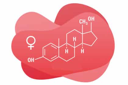 Grafische Darstellung der chemischen Struktur eines weiblichen Hormons mit Frauen-Symbol.