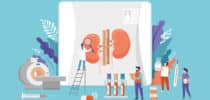 Illustration einer Nierendiagnostik mit medizinischem Personal, Scan-Gerät, Laborproben und vergrößerter Darstellung der Nieren auf einer Patientenakte.