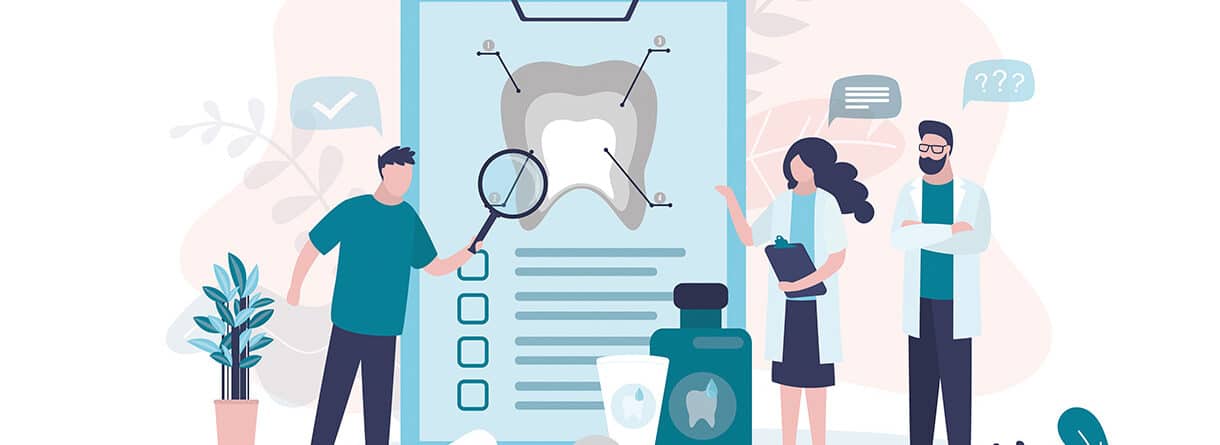 Illustration zur Zahngesundheit mit Zahn-Diagnose, Zahnpflegeprodukten und medizinischem Personal.