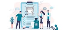 Illustration zur Zahngesundheit mit Zahn-Diagnose, Zahnpflegeprodukten und medizinischem Personal.