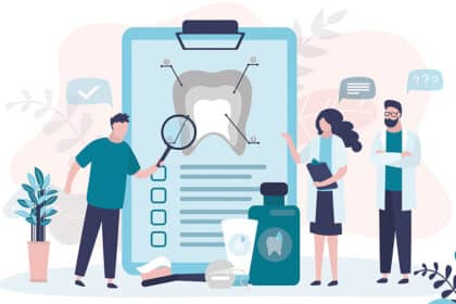 Illustration zur Zahngesundheit mit Zahn-Diagnose, Zahnpflegeprodukten und medizinischem Personal.