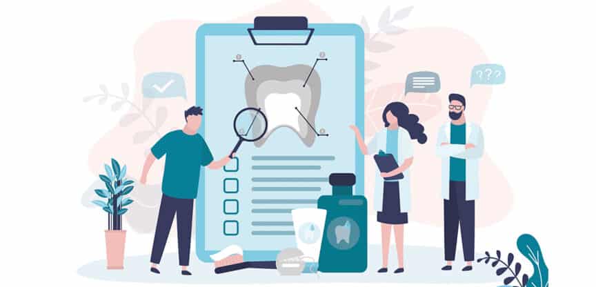 Illustration zur Zahngesundheit mit Zahn-Diagnose, Zahnpflegeprodukten und medizinischem Personal.