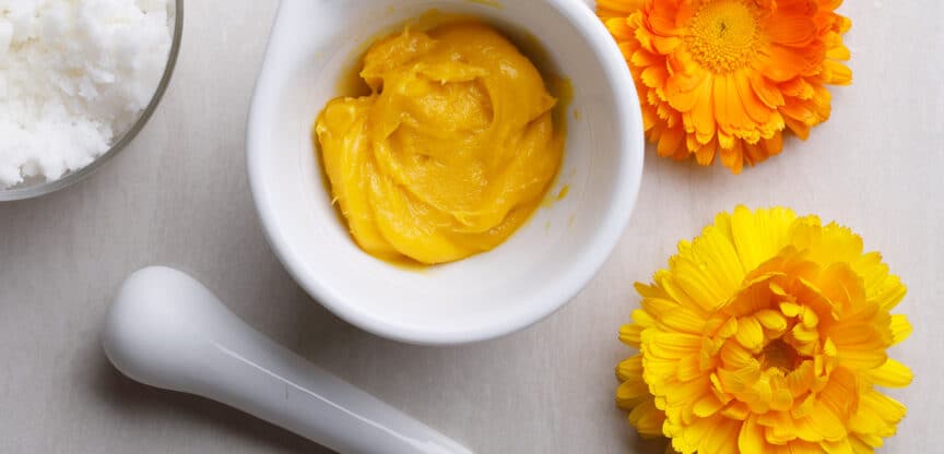 Orange Ringelblume (Ringelblume) Creme in einem weißen Mörser