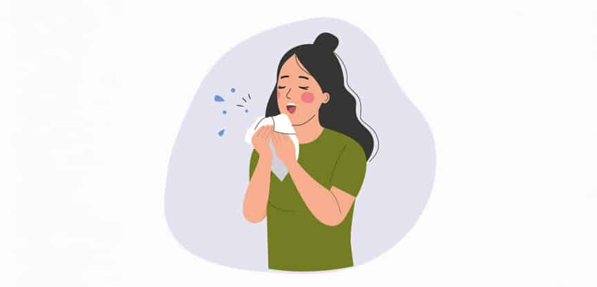 Illustration einer niesenden Frau mit Taschentuch und typischen Erkältungssymptomen.
