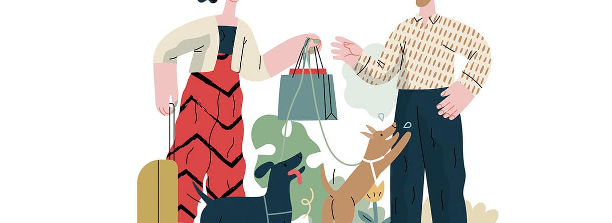 Illustration eines Paares mit zwei Hunden beim Spaziergang und Einkaufen im Freien.